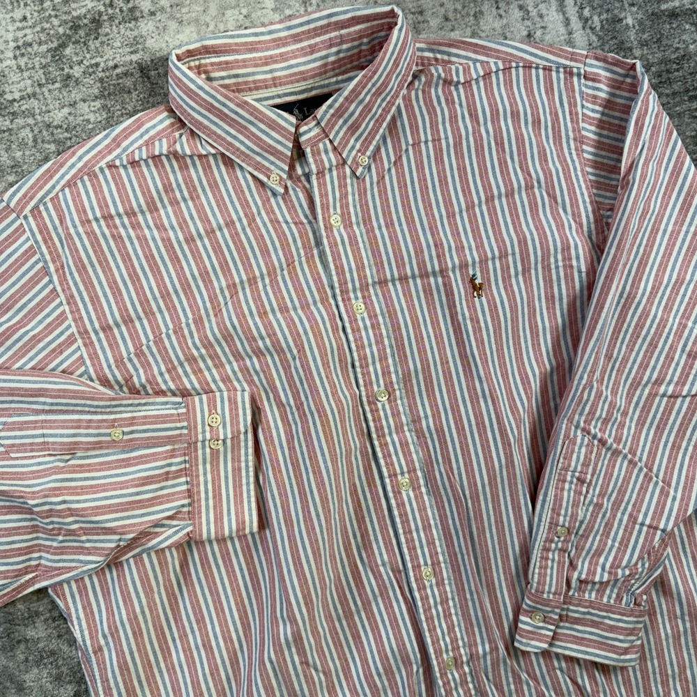 VTG Polo Ralph Lauren Oxford Shirt Mens 18 Red White Blue Striped Classic OCBD
